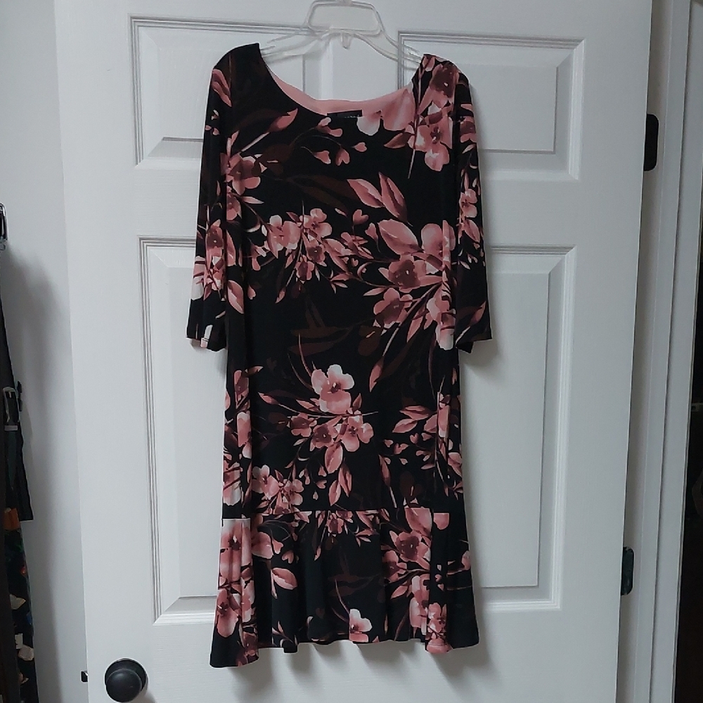 Connected Apparel Black and Pink Floral Midi Dress